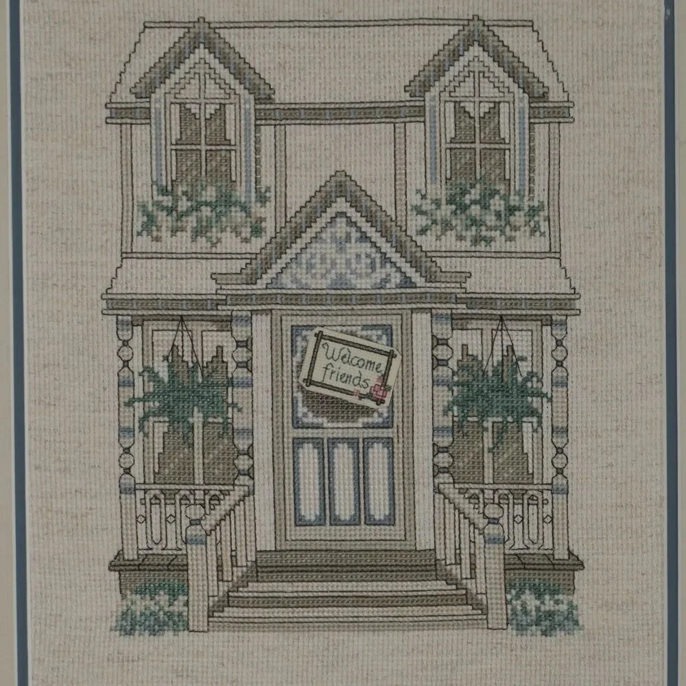 Vintage Needlepoint Welcome Friends Victorian House Embroidery Handmade Framed